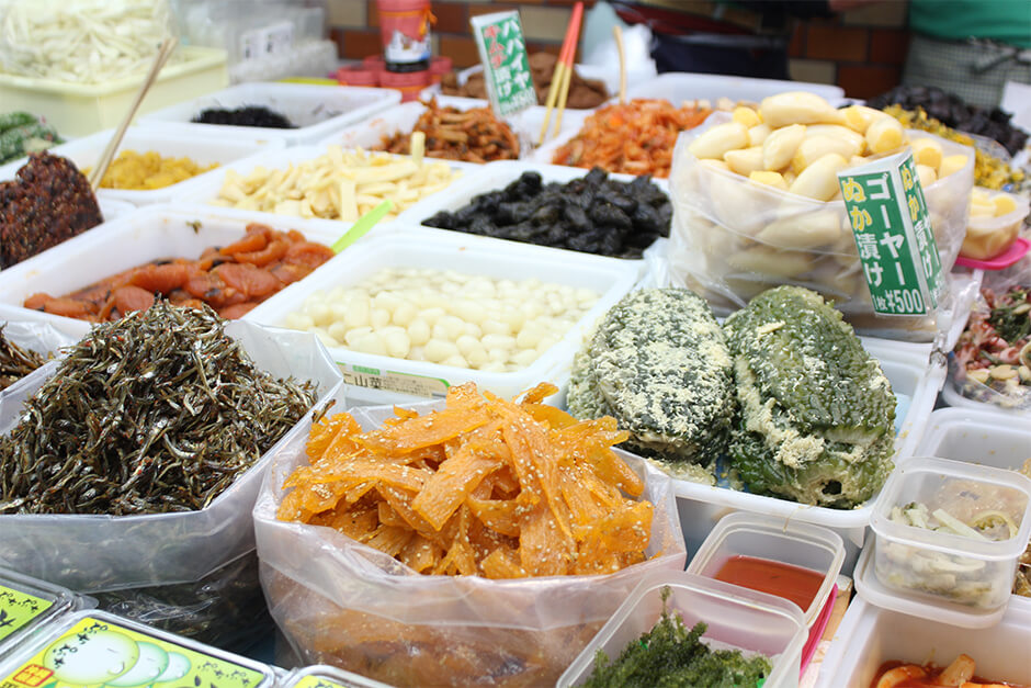Food ingredients are lined up Makishi Public Market in Naha